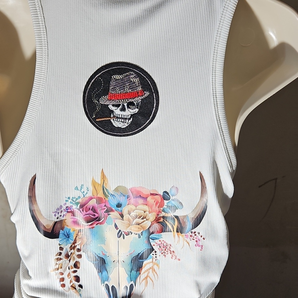 Skull Floral Racerback Tank Top Handmade Size Large - Picture 13 of 17